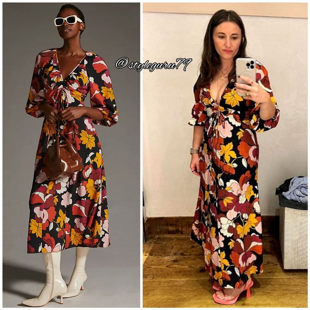 NWT, Anthropologie, MAEVE DEEP-V RUCHED MIDI DRESS In Floral Print